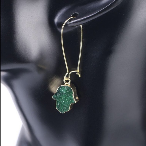 New Handmade Druzy Hamsa Hand Drop Earrings 💚 - Picture 1 of 12